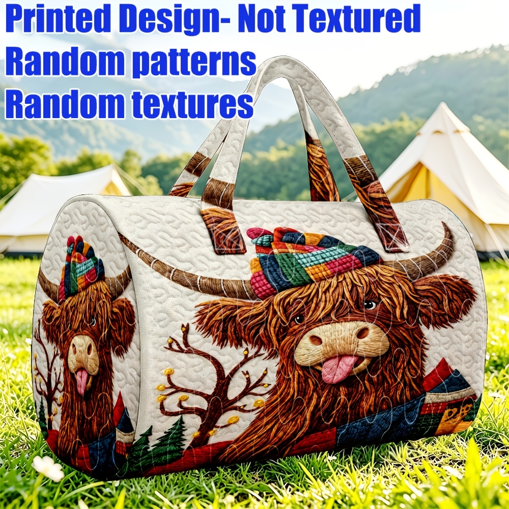 TEMU 1pc Cute Highland Cow With Colorful Plaid Hat Quilted Lady Tote Bag, Large Capacity Travel Luggage, Suitable For , Christmas & Halloween Gifts