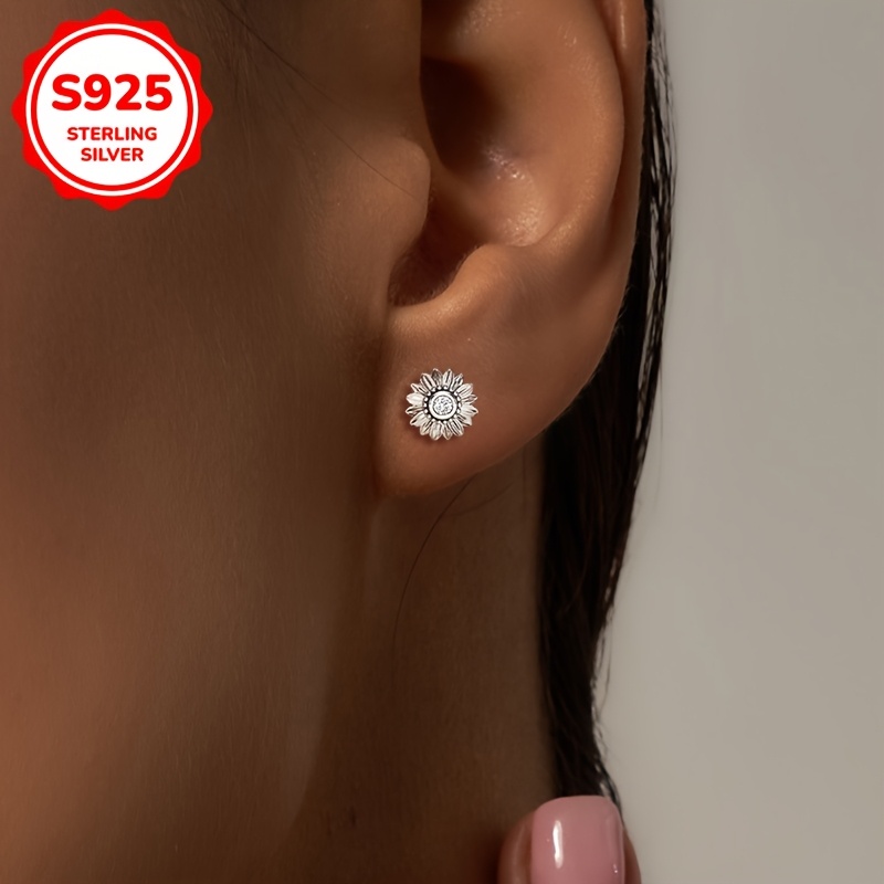 925 Silver Sunflower Earrings, Lightweight Zirconia Studded for Parties