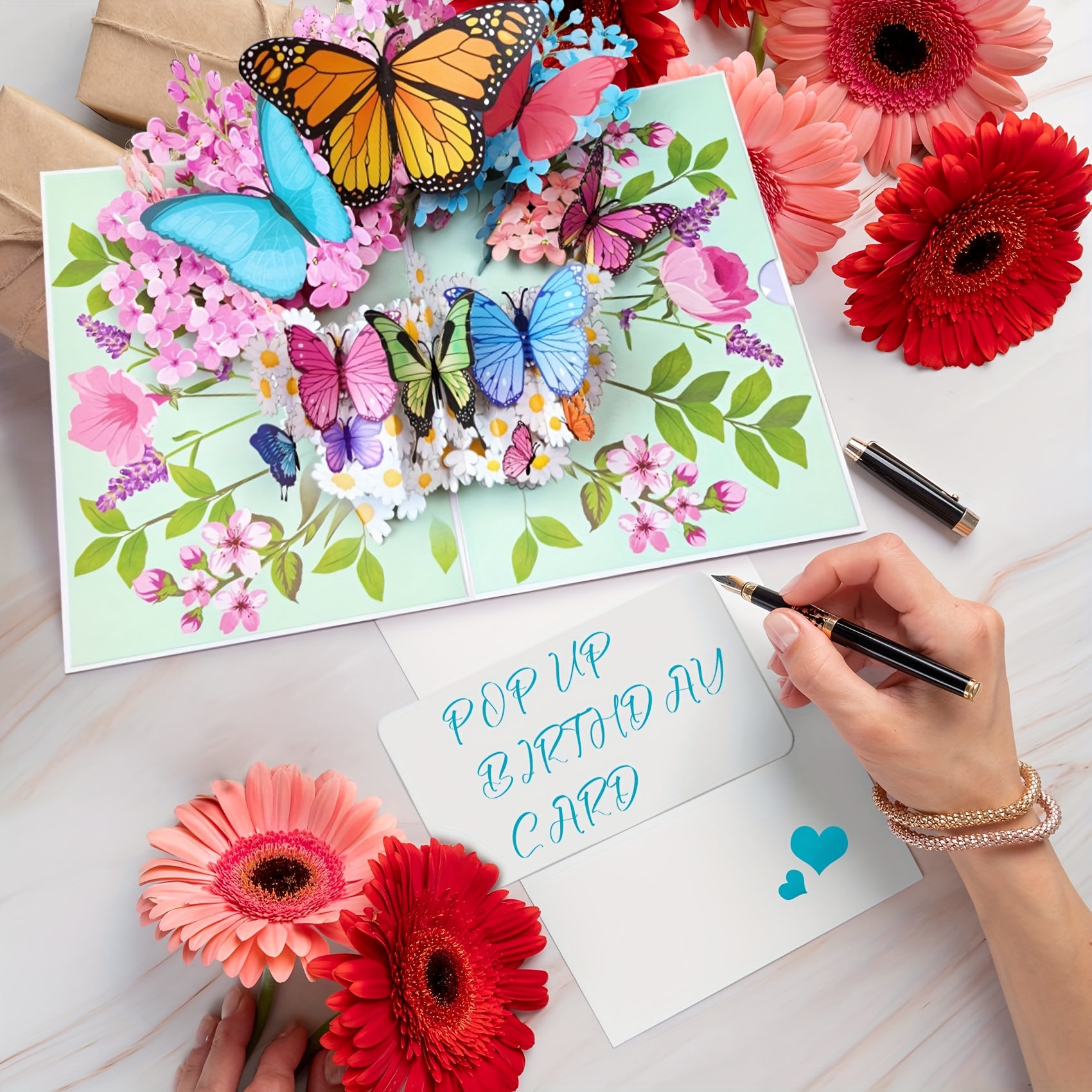 

1 Vibrant 3d Pop-up Birthday Card With Butterflies & Flowers - Valentine's, Spring & Thanksgiving - Ideal For , Teachers, , Many Butterflies And Flowers, Different Colors, Valentine's Day ,