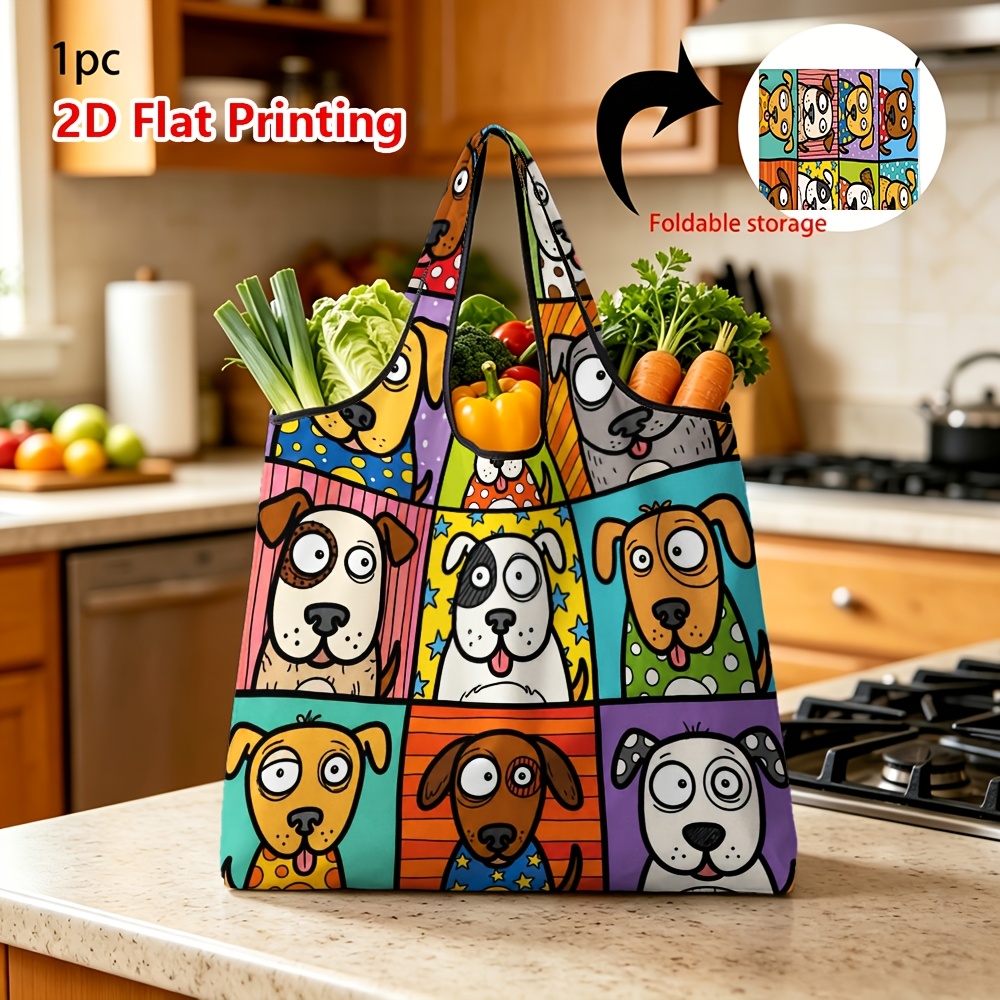 TEMU (printed Design Not Textured) 1pc Reusable Grocery Bags, Cute Cartoon Dogs Pattern Foldable Storage Shopping Bag For Daily Use