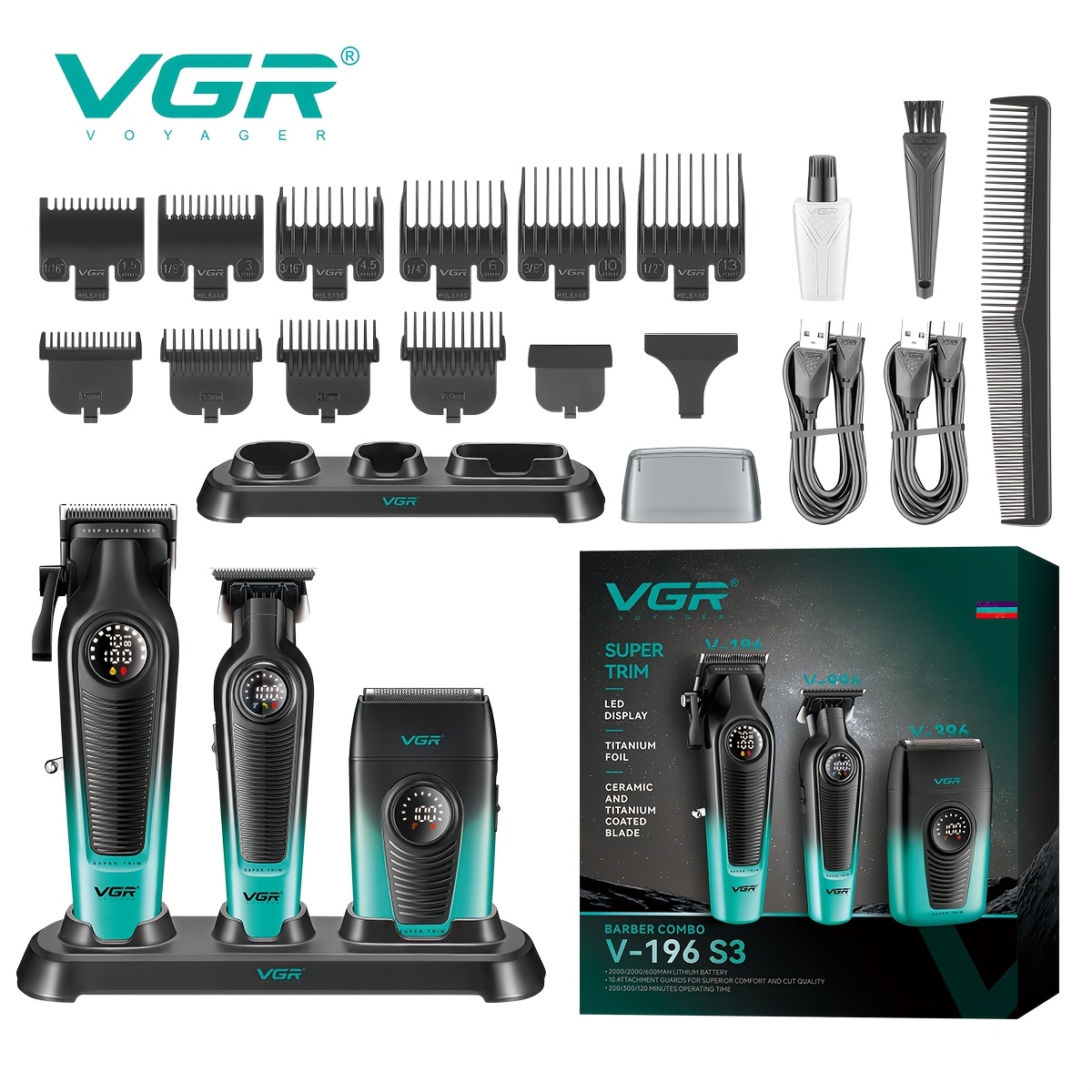 TEMU Vgr Men's Electric Hair Clipper 3pcs Set, Available In Golden And Green, Includes Clipper And Shaver, Suitable For Body And Head Hair, Ideal For