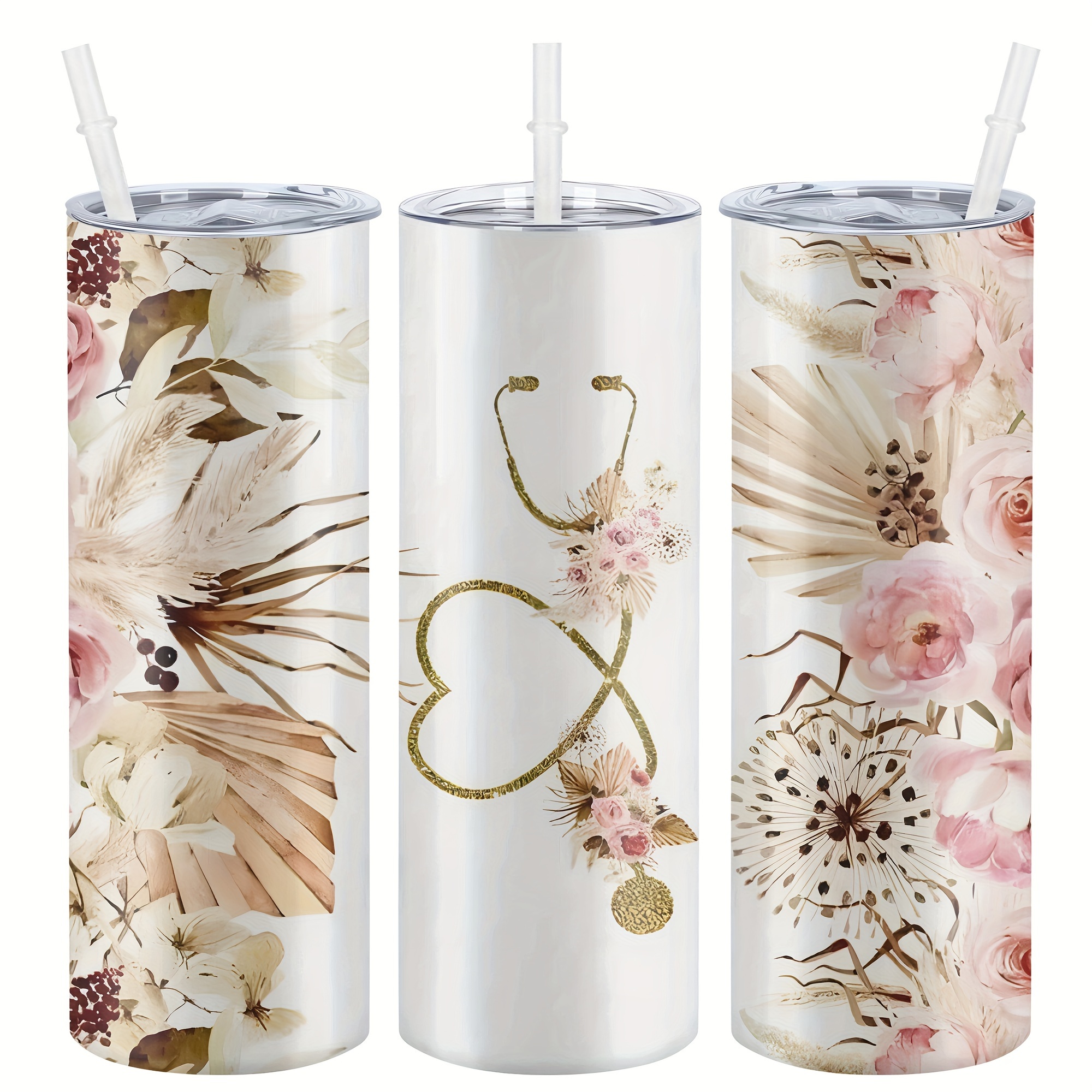 

1pc, Water Bottle, 20oz Stainless Steel With Lid And Straw, Flower Insulated Water Bottle, Leakproof Travel Mug For Drinks, Outdoor Activities, Gift For Nurses Day, Birthdays