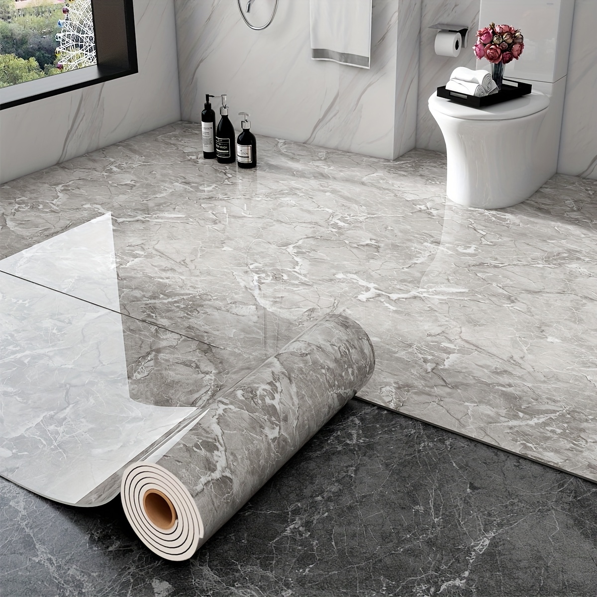 TEMU 1 Roll, Thick Large Roll, 15.7 Inches X 118.1 Inches, Self-adhesive Modern Marble Pattern Floor Tile Sticker, 3mm Thickness, Peel And Stick,