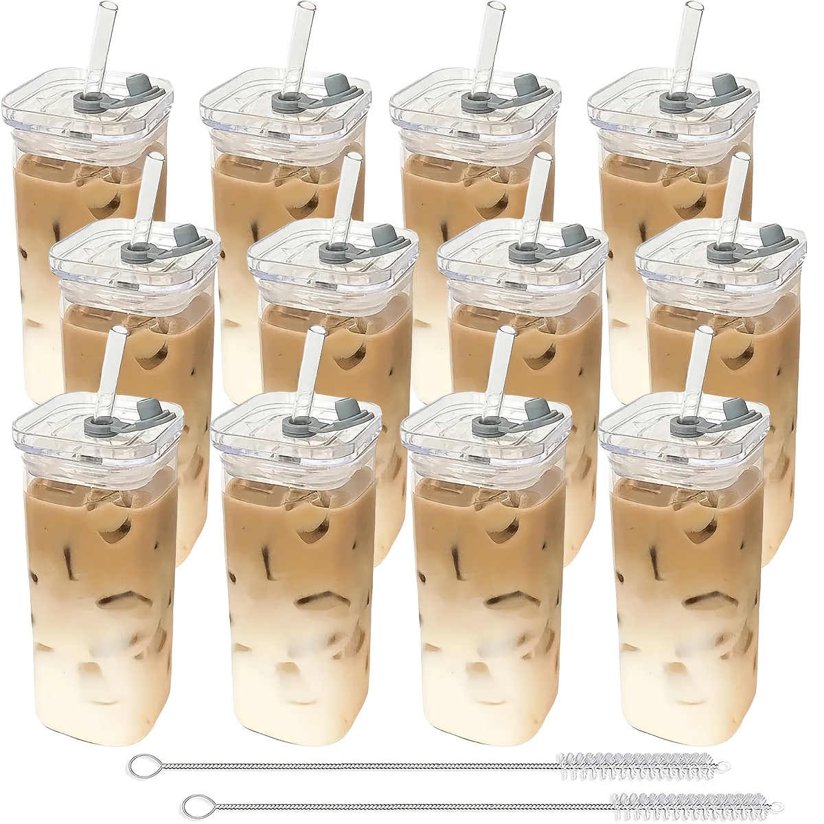 Image of 12pcs Set Of Glasses With Lids And Straws, Clear Milk Cups, Coffee Cups, Milk Cups, Family Gathering Beverage Cups, Gifts, With Straw Cleaning Brush