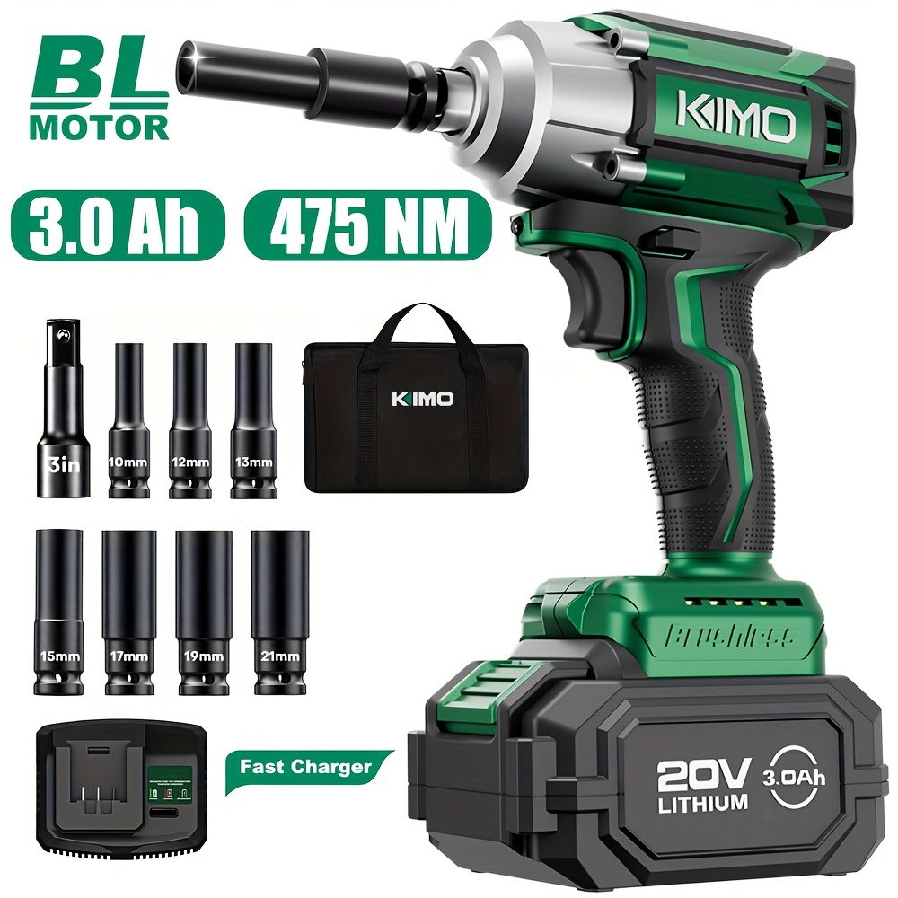 

Kimo Cordless Impact Wrench, 3000 Rpm & 350 Ft-lbs (475n.m), 1/2 Impact With 3.0ah Li-, Impact Sockets, 1/2 Impact Driver