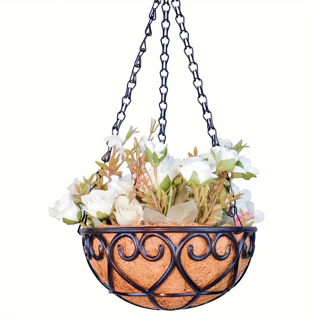 

1pc, Large Round Iron Art Planter With Coir Liner, 11.8in Hanging Basket For Indoor And Outdoor Plants, Decorative Scrollwork Design, Heavy-duty Chain And Hook Included