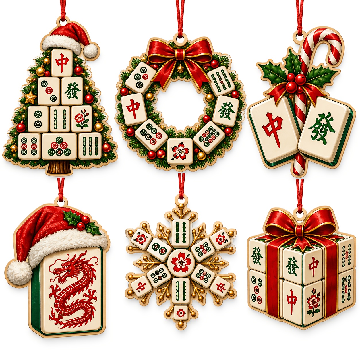 TEMU 6pcs Mahjong-themed Christmas Ornaments - Retro Artificial Hanging Tree Decorations With Mahjong Shapes, Suitable For Women, Mom, Grandma Gifts,