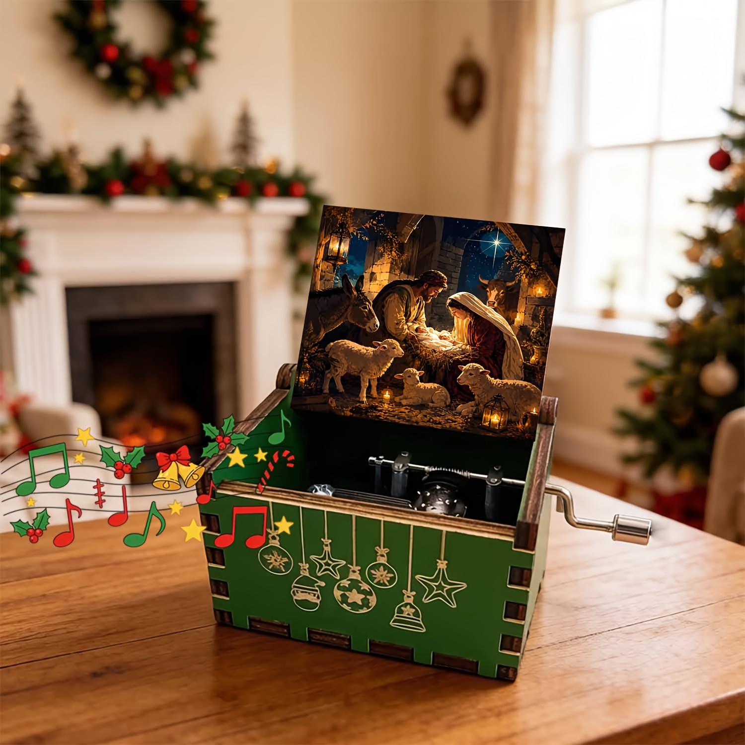TEMU 1pc Nativity Story Hand-crank Music Box With Birth Theme - Lullaby Scene Suitable For Home Decor, Christmas Gift, Artificial Wood Collector' For
