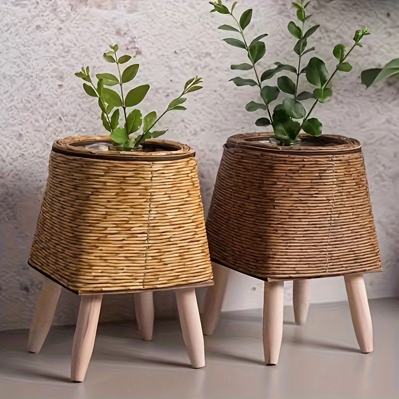 

1pc Rustic Faux Rattan Woven Basket For Indoor & Outdoor Garden Decor - Round Plastic Planter