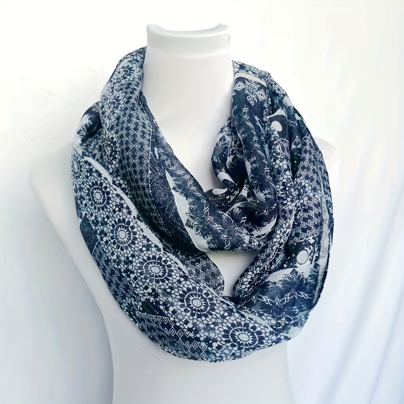 Image of Bali Chiffon Lightweight Printed Double-wrap Scarf Neck Warmer, Autumn/winter Navy Blue Chiffon Scarf Neck Warmer