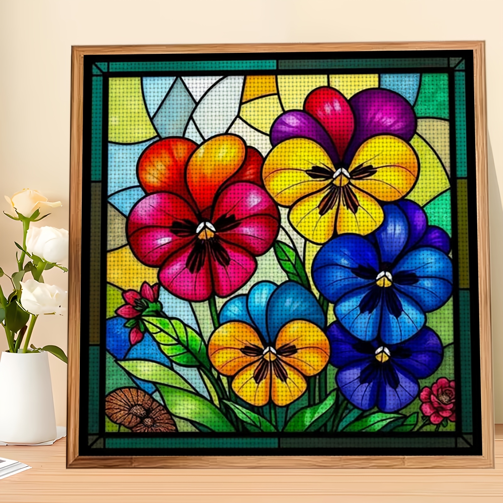 TEMU 1pc Cross Stitch Kit | Colorful Stained Glass Flower Pattern, Ideal For Beginners, Includes Canvas, Thread, Pattern, And Instructions, Available