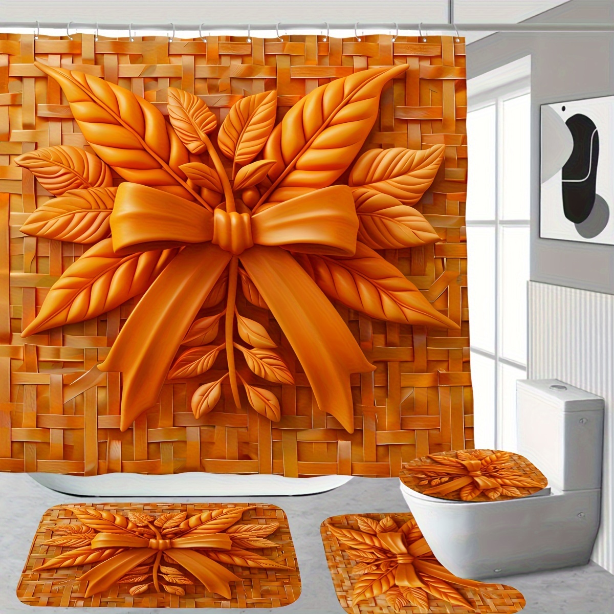 

Autumn Pumpkin Sunflower Leaves Shower Curtain Set With Non-slip Bath Mat, Toilet Lid Cover, 12 Durable Hooks - Forest Theme Woven Polyester Fabric Bathroom Decor, Cordless, Machine Washable