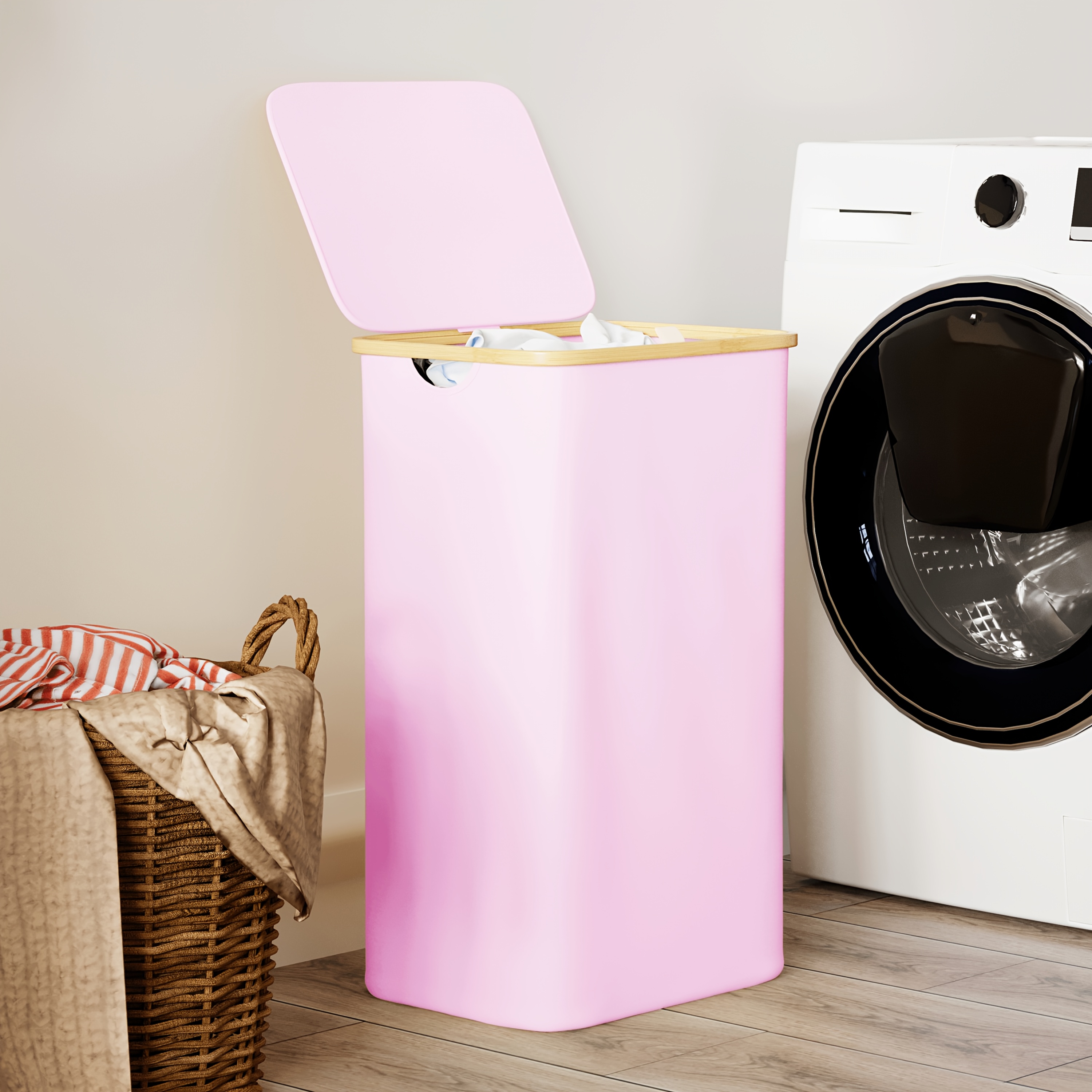 TEMU 110l Extra Large Laundry Basket With Lid - Heavy-duty Collapsible Clothes Hamper, Space-saving Tall Storage Bin With Bamboo-like Handles,