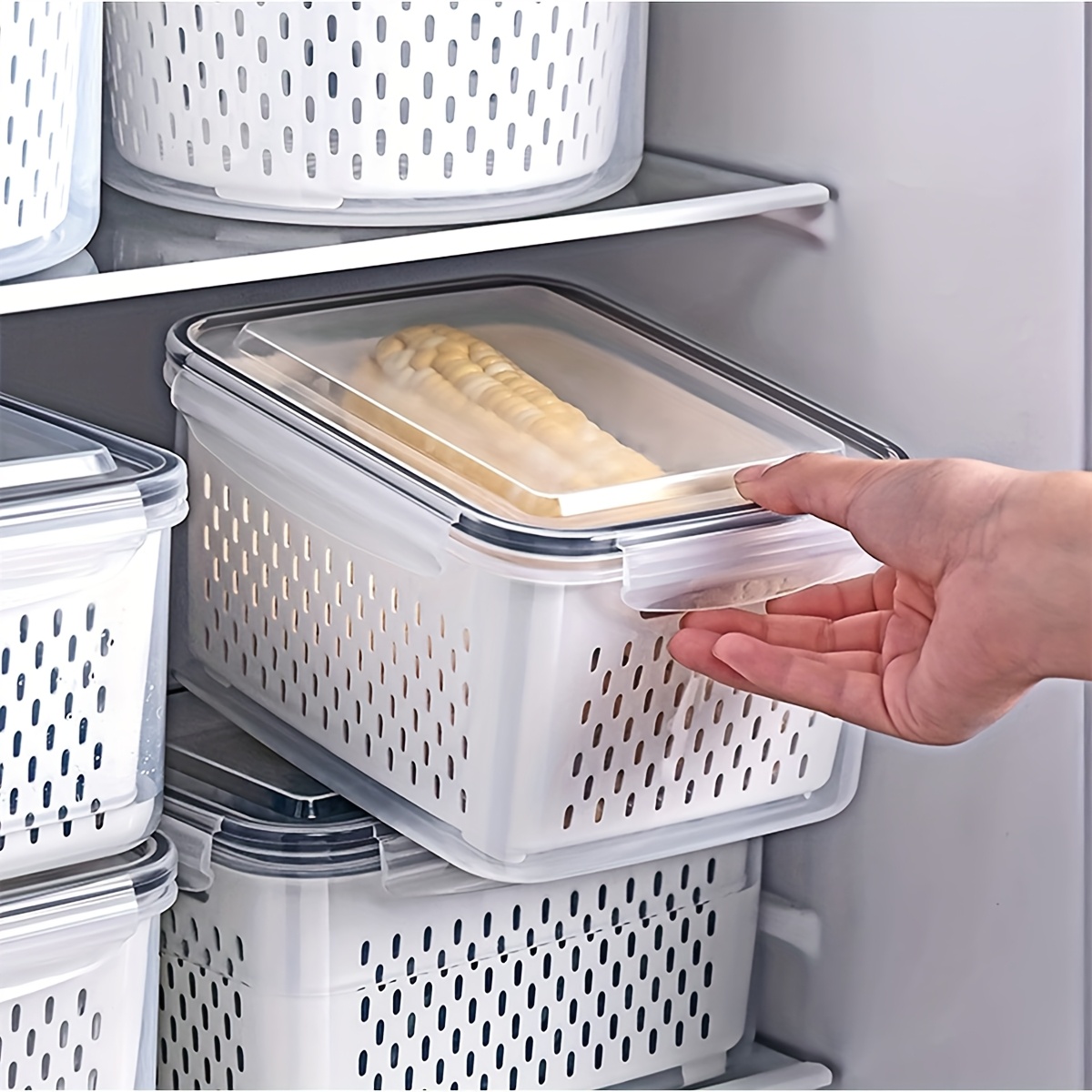 9pcs of bpa free plastic food storage containers with drainage basket and lid leak proof refrigerator safe reusable multi functional kitchen organizer for fruits vegetables and foods double layer refrigerator drain   kitchen freezer drain   food grade plastic storage box 0