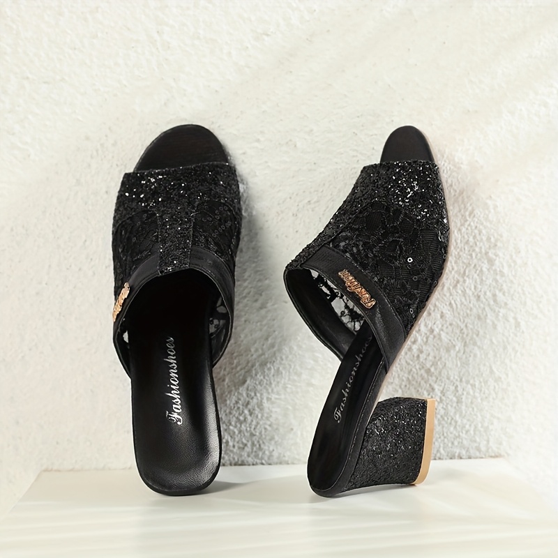 Women's Retro Glittery Fish-Mouth Mid-Heel Sandals - Breathable Fabric Upper, Slip-On Open-Toe Summer Shoes with Sparkling Details, Comfortable PU Insole & Durable Rubber Sole for Casual or Dressy Occasions (Black), Ladies Shoes And Sandals, Fishmouth Design, Durable Traction Footwear