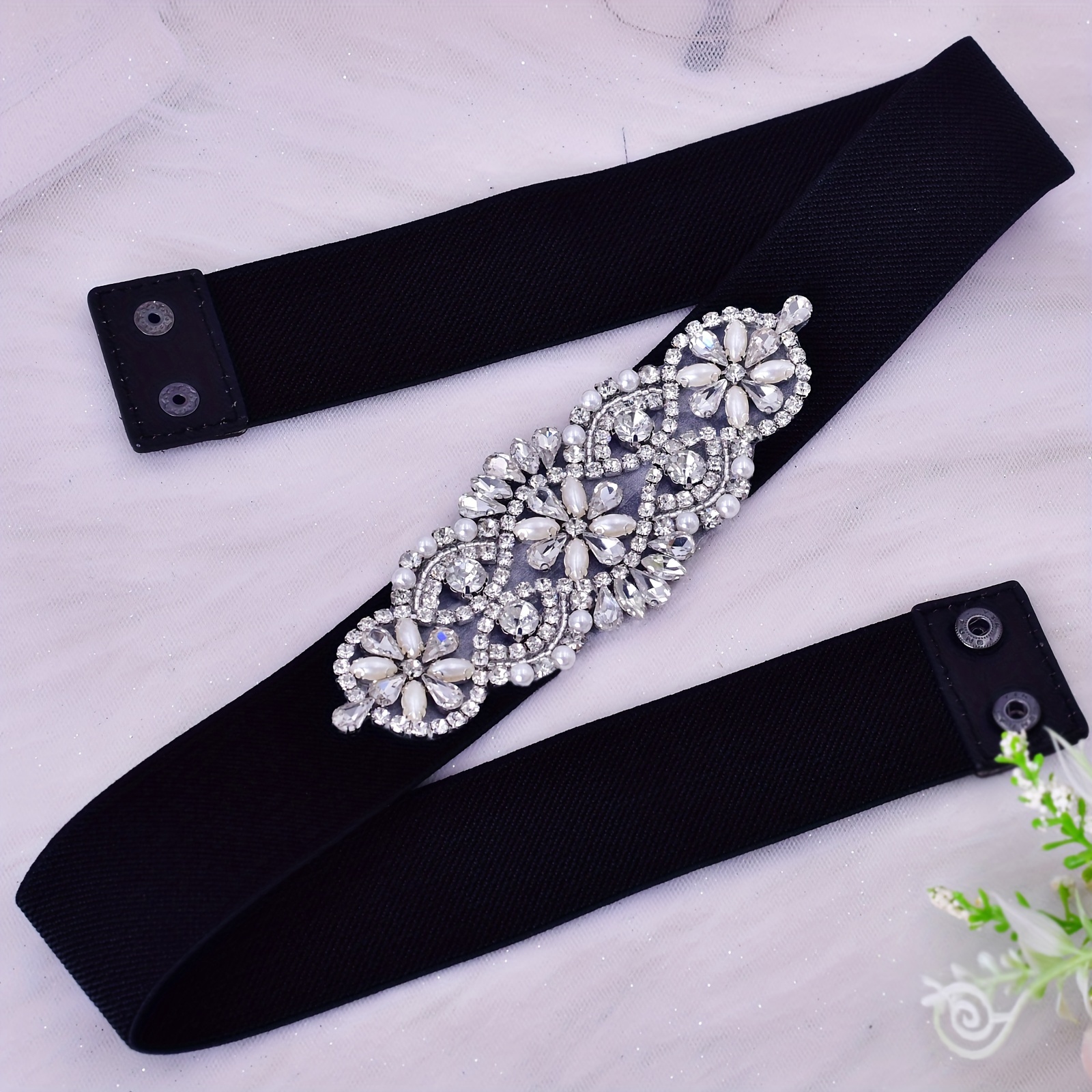 Image of Shiny Glass Rhinestone Black Elastic Waist Belt, Black Dress Cincher With Hidden Design, Casual Coat And Sweater Waist Decoration