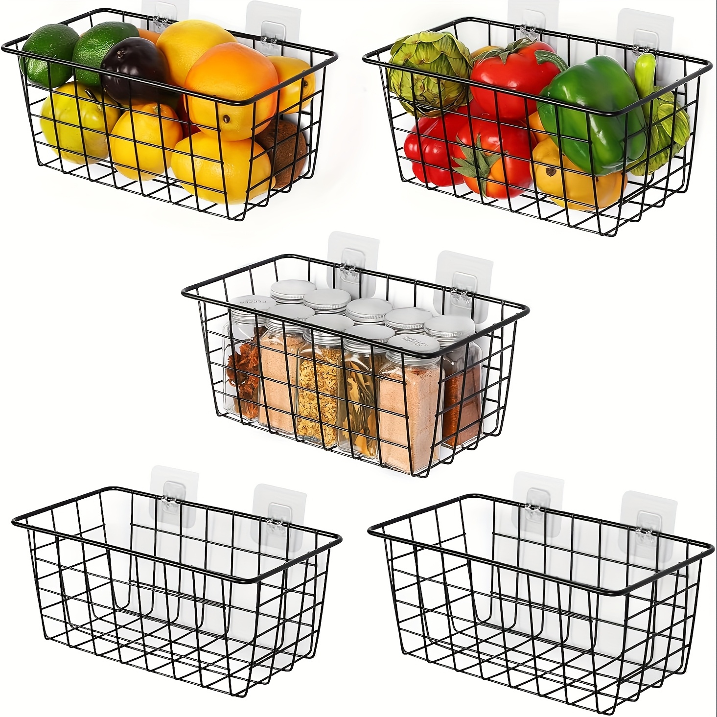 

5pcs Premium Metal Wire Storage Baskets - Hanging Organizer For Home, Office, Kitchen, Pantry & Bathroom Countertops - Black, Shelf Baskets