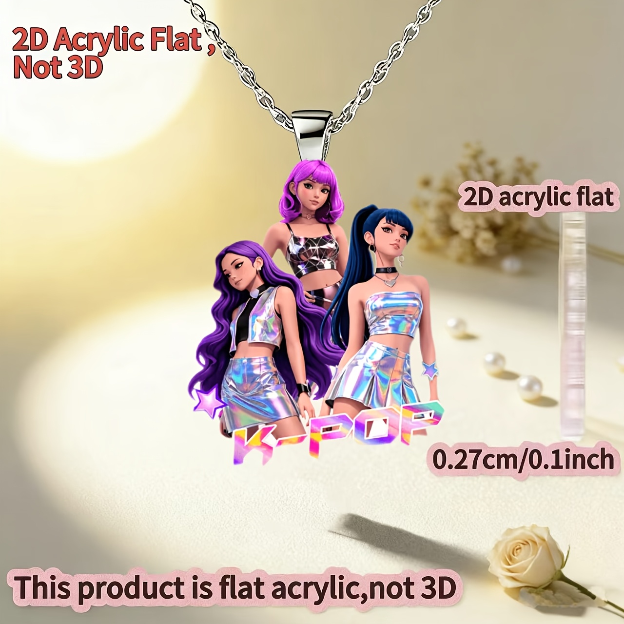Image of 2d Flat, [2d Flat] 1pc, 2d Acrylic Group Style Iridescent Girly New Women's Necklace, Diy Pendant Fashion Sweater Chain, Gift For Birthday Parties And Holidays, 2d Flat