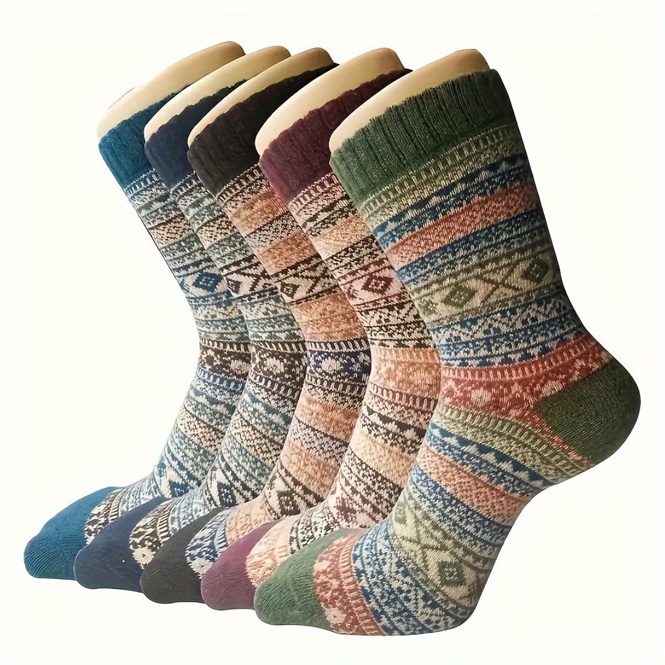 

5-pack Men' Tribal Pattern Mid-calf Socks, 95% Polyester 5% Elastane, Knit Fabric, Comfortable Stretch For Autumn