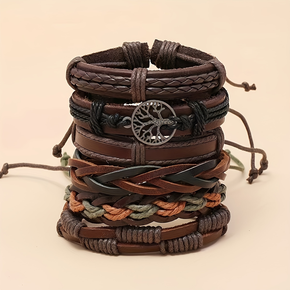 

6pcs Braided Leather Bracelet For Men And Women, Wrist Cuff Bracelet Set, Hand-wrapped Wristband Bracelet Adjustable