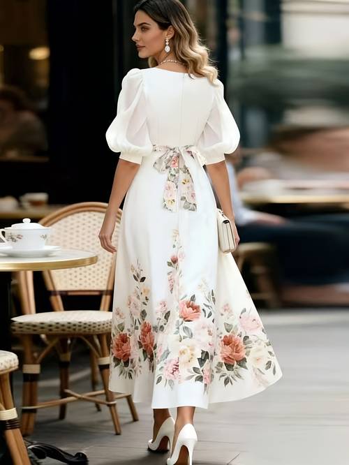 french neck floral dress puff sleeve waist cinching tie belt long dress for dates afternoon tea and commuting