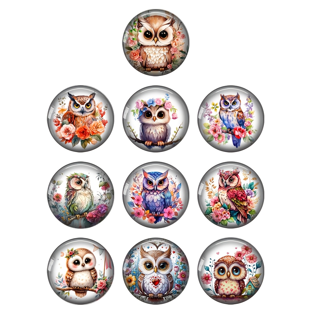 

Omgala 10pcs Watercolor Owl Glass Cabochons, 20mm/25mm Round Flatback Jewelry Making Parts, No , Animal Theme Craft Supplies