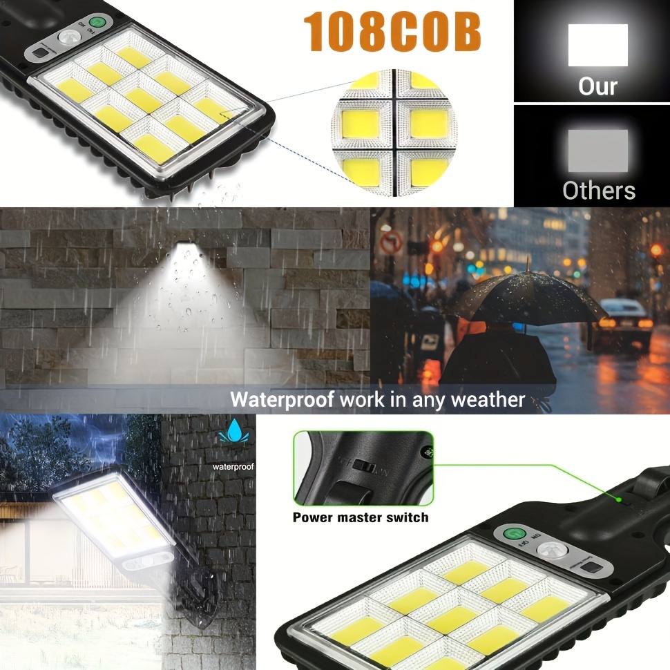8 packs 4 packs solar street lights outdoor 108cob with lights reflector and 3 lighting modes solar powered motion sensor security lights wireless waterproof wall lamp with remote for outside patio garden backyard fence stairway night light details 5