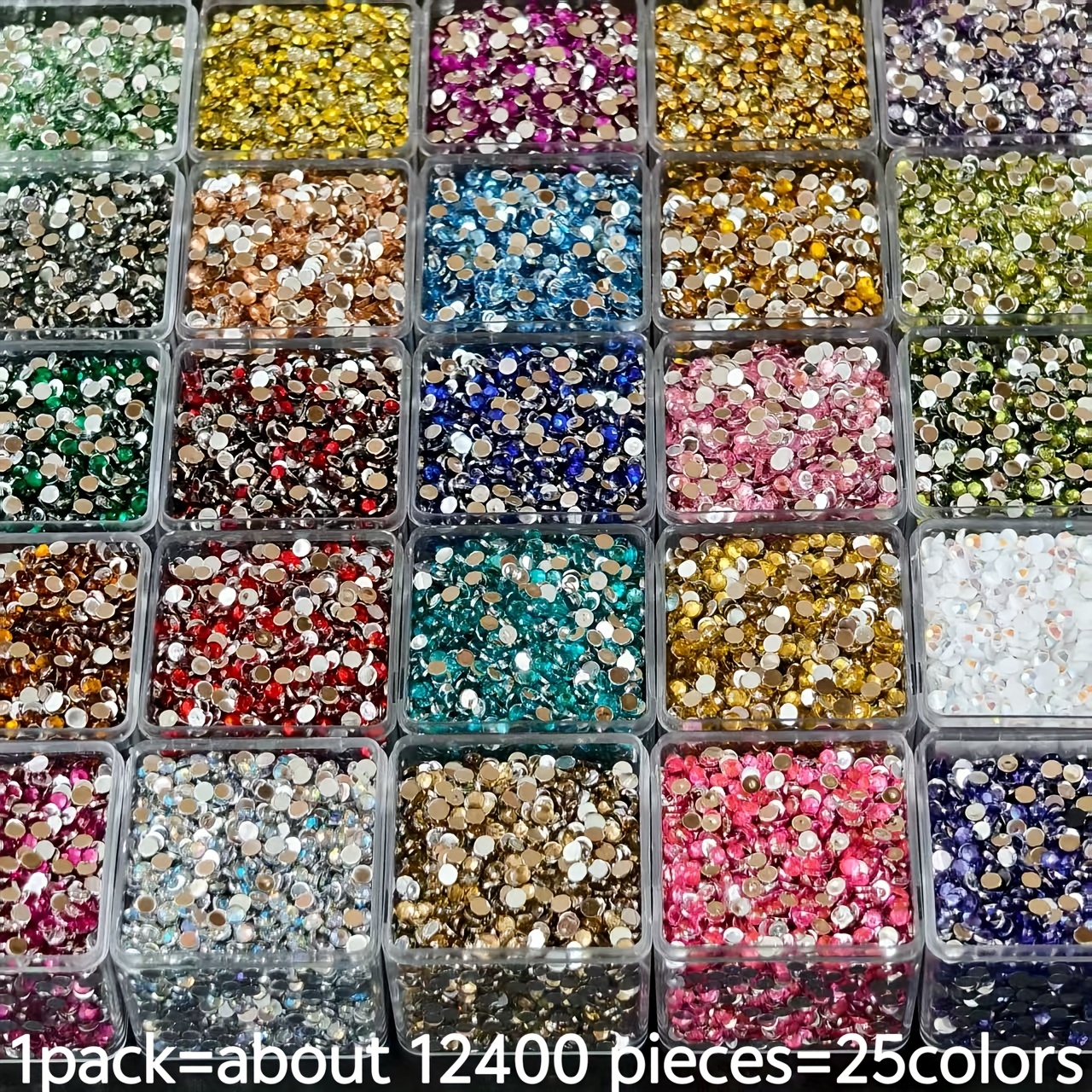 TEMU Kit de bricolage 12400/12499 pièces 25 couleurs - Perles rondes brillantes en résine 5D, diamètre 3 mm, argentées à fond plat brillant, convient