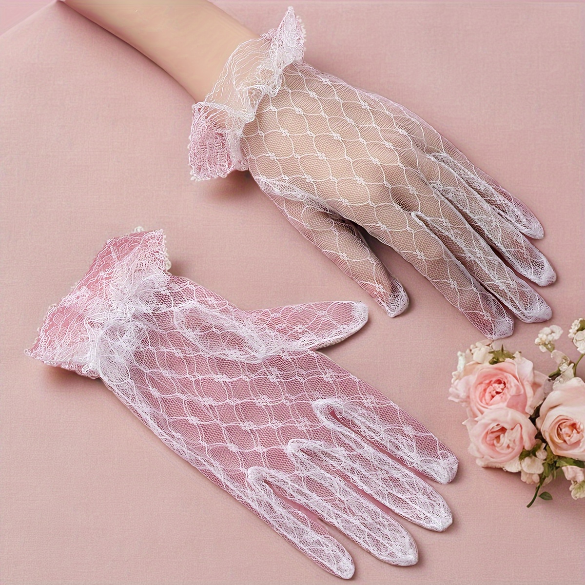 

Yabeni Women's Elegant White Polyester Full Finger Gloves – Sexy Knitted Lace Gloves For Wedding And Party Decorative Accessory