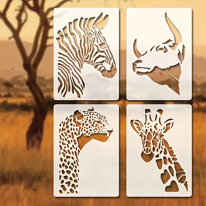 E-shop 4 Stück Wiederverwendbare Afrikanische Savannen-Tier-Schablonen – Einzigartige Leoparden-, Büffel-, Zebra- & Giraffen-Motive für DIY-Basteln,