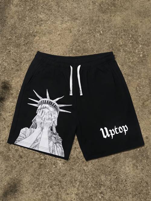 mens gothic street hip hop casual shorts with black statue of eye covering print mens beach shorts above knee swim shorts breathable hawaiian swim trunks resort wear stretch swim trunks