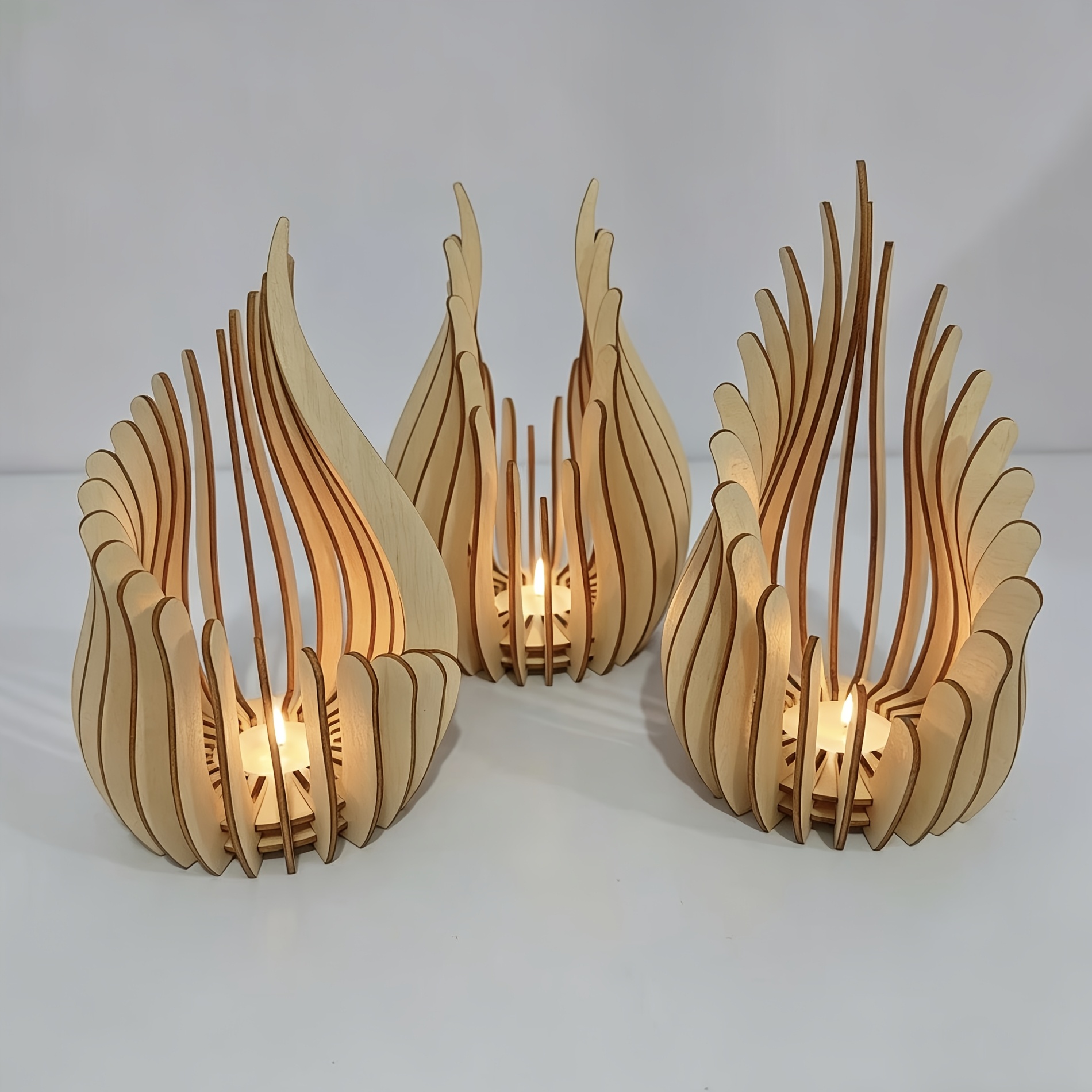 TEMU 3pcs Set Of Wooden Flame-shaped Candlesticks, Hollow Wooden Tea Light Holders, Decor Ornaments, Christmas Wedding Party Ambiance Lights,