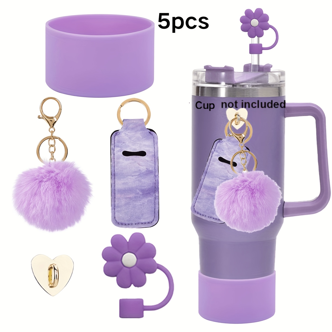TEMU 5pcs Water Cup Accessory Set For 30oz 40oz Tumbler Cup, 1 Straw , 1 Lip Balm Pendant, 1 Silicone Water Cup Bottom Protector, 1 Ball Charm, 1