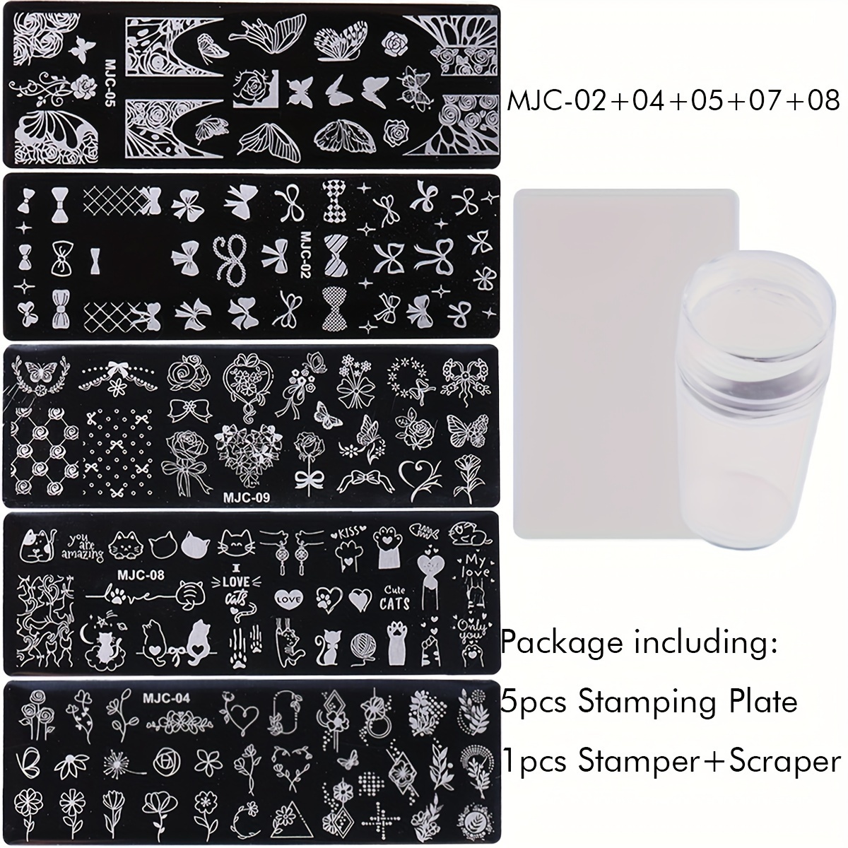 TEMU 5-piece Nail Art Stamping Plates Set With Rectangular Clear Silicone Stamper And Scraper - Unscented, Variety Of Patterns For Creative Diy Manicure Designs