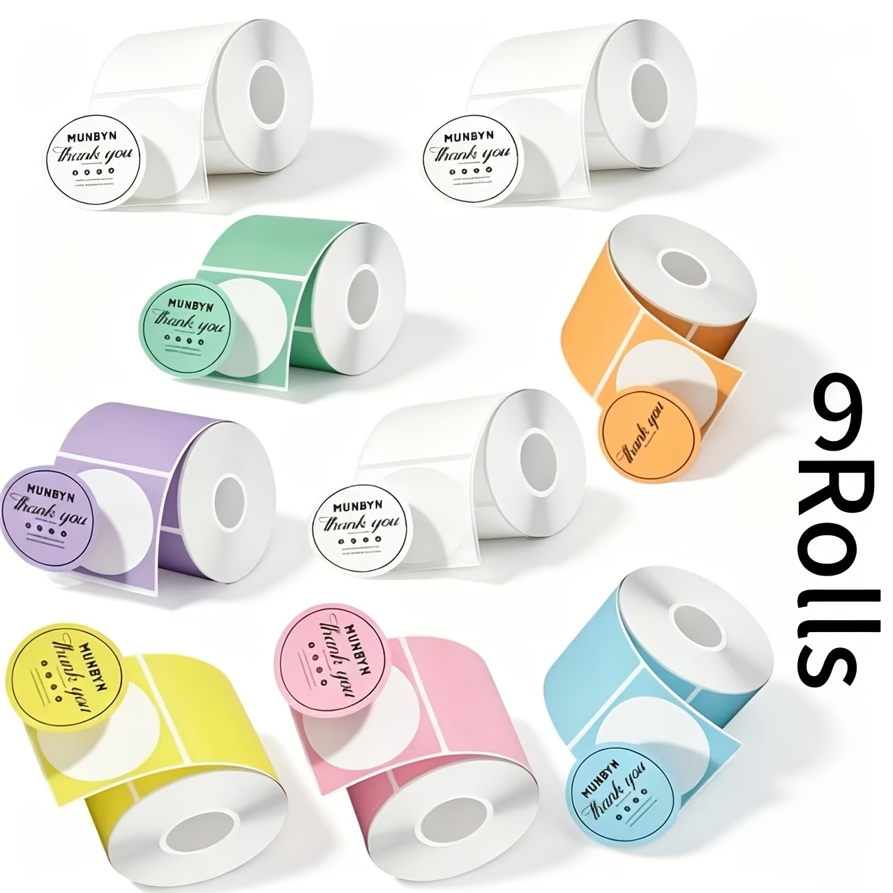 TEMU 9 Rolls Of Colored Round Thermal Labels, 50 X 50mm Self-adhesive Round Direct Thermal Stickers, Suitable For Offices, Schools, Small Businesses,