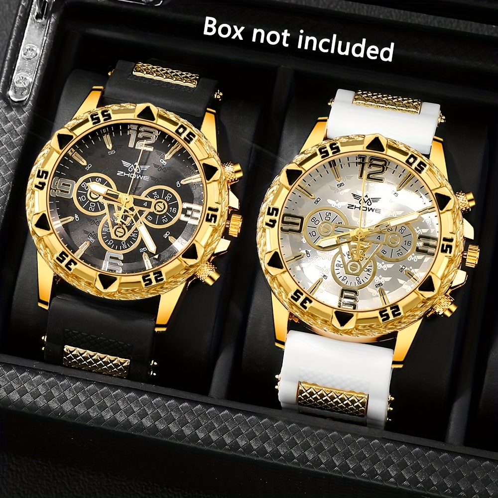 2 Relojes de Cuarzo para Hombre con Correas de Silicona - Esfera Negra y Blanca, Caña Dorada, Pantalla de Latido Cardíaco - Regalo Perfecto para San Valentín, Pascua, Cumpleaños o Navidad - Ideales para Uso Formal o Casual