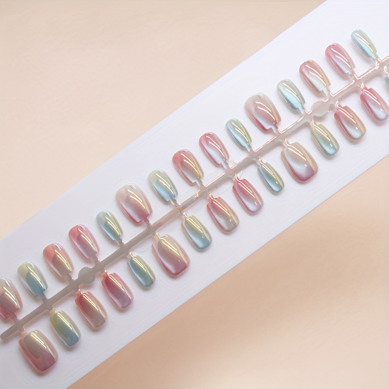 

Gradient Rainbow Cat Eye Press On Nails - Short Ballet Nail Shape With Mixed Color System, Glossy Finish - 30 Piece Set Of Quick Apply False Nail Tips