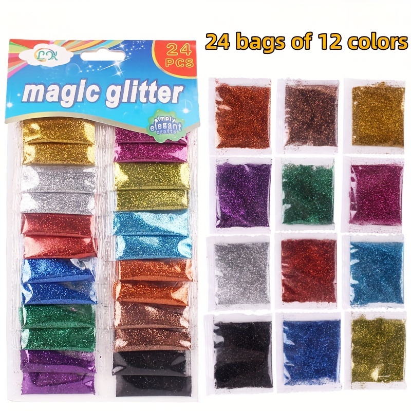 

24 Bags Of 12 Colors Magic Glitter - Synthetic Resin Sparkles For Art & Crafts - Perfect For Diy Projects, Festive Decorations, And Glassware Crafts