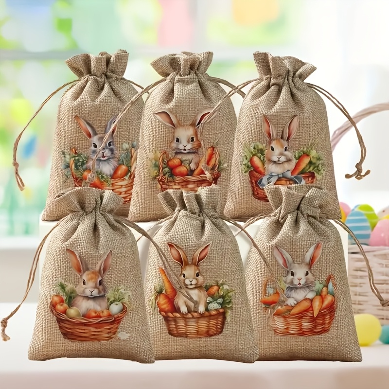 

6pcs Easter Drawstring Burlap Gift Storage Bags Animal Print Packaging Bags Rabbit Drawstring Gift Bags Holiday Party Supplies Packaging Bags Home Holiday Decorations, Gift Wrap Storage