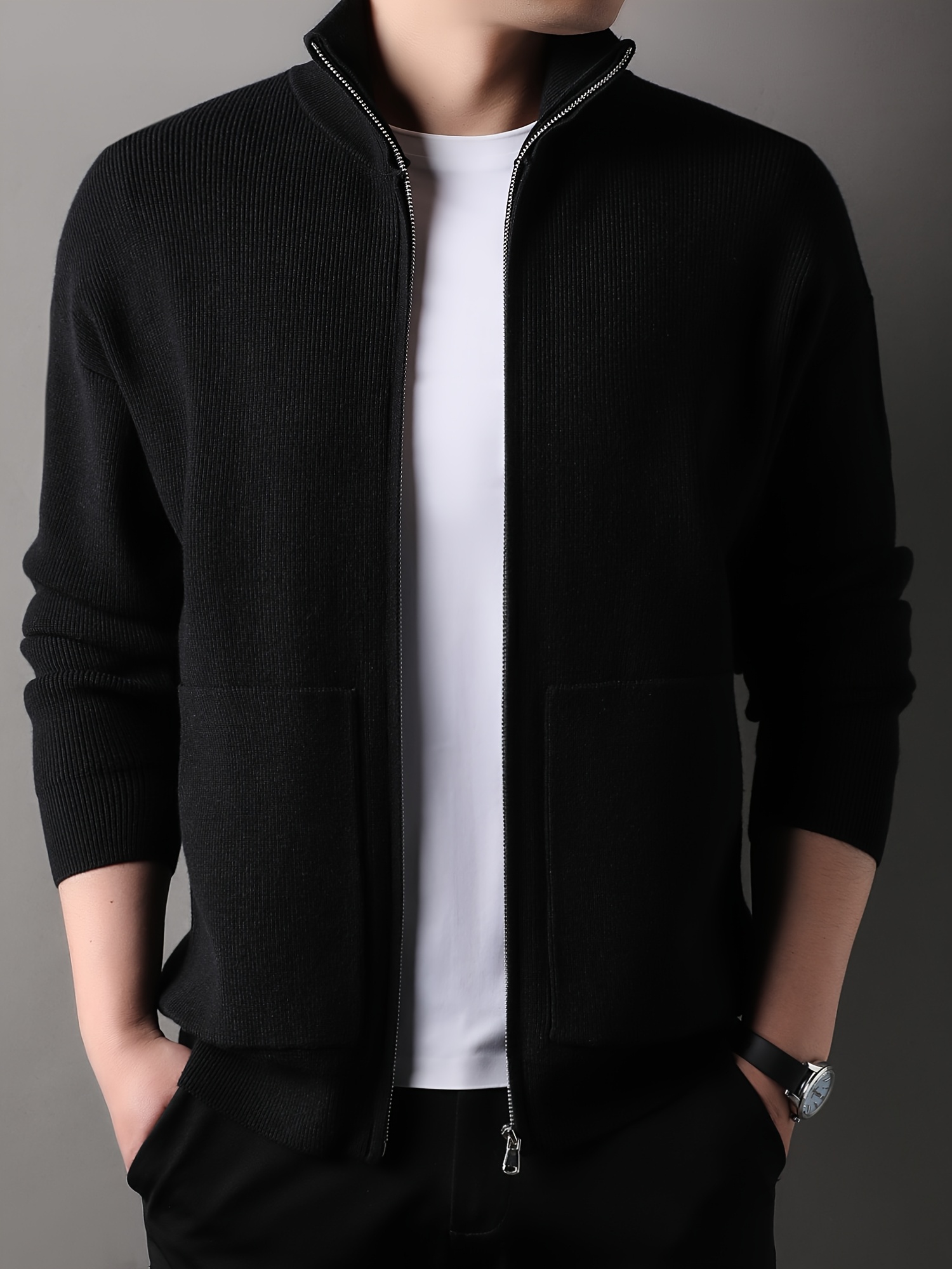 herren lichtgrau stehkragen strickjacke reißverschluss vorne