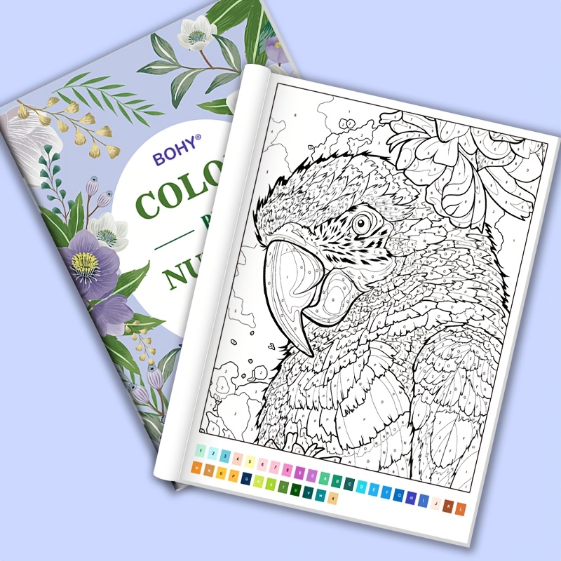 TEMU 1pc Adult Stress Relief Colored Pencil Sketchbook, With Reference Numbered Zone Coloring Book, , Colorful Parrot, Tropical Floral Flamingo And