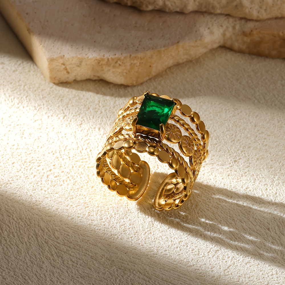 TEMU Anillo de moda femenino abierto con diseño vintage lujoso de acero inoxidable y una piedra sintética de circonita cuadrada verde, ideal para