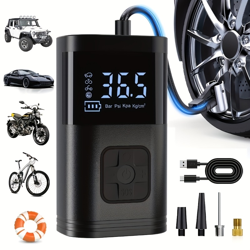 TEMU Portable Car Tire Inflator 250 Psi - Compressor With Digital Pressure Gauge And Bright Led Light, Suitable For Cars, Motorcycles, E-bikes, And