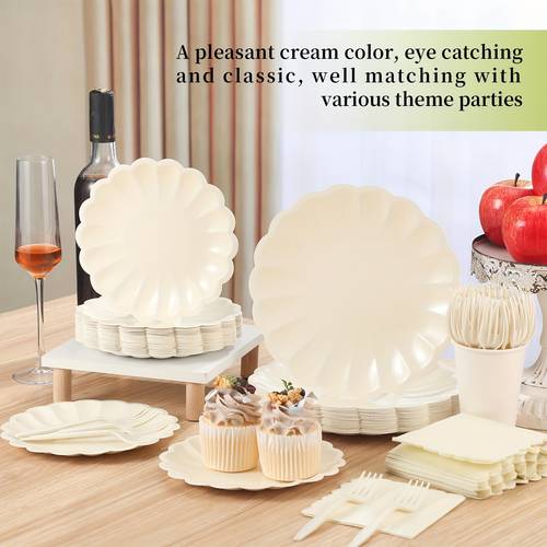 juego de 200 piezas de platos y servilletas con de concha escalonado en color crema con tenedores - vajilla desechable elegante para , baby showers, fiestas de - platos de concha en color crema (100 platos, 50 servilletas, 50 tenedores) - ideal para de san valentín, carnaval, mardi gras, carnaval de , y