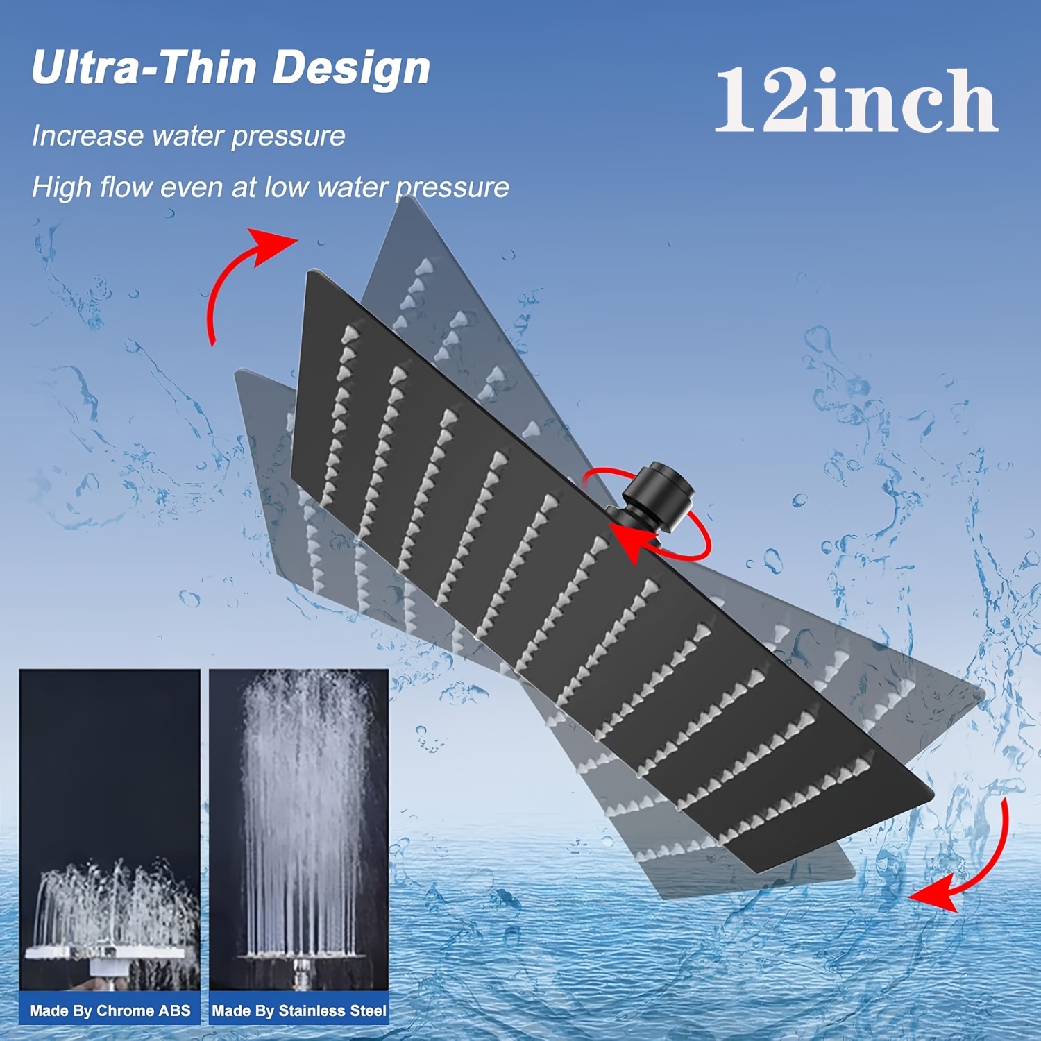 12-inch Large Rain Showerhead For Ceiling Mounting | High-pressure Fixed Rain Showerhead | Stainless Steel Full-body Rain Showerhead | Waterfall- Bathroom Showerhead | Matte Black