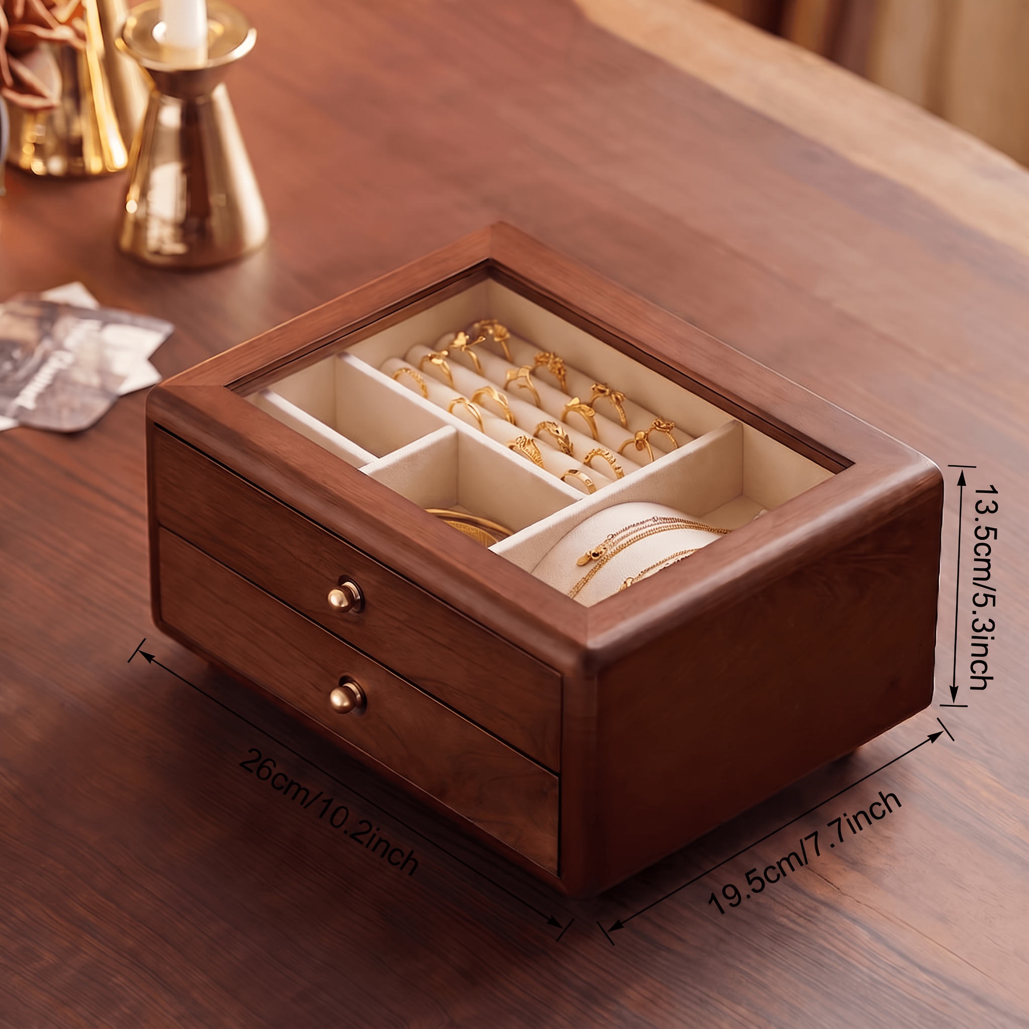 Wooden Walnut-colored Double-layer Transparent Jewelry Box with Drawer Design, Extra-large Capacity Storage Case, Suitable for Rings, Necklaces, Earrings, Bracelets, and Other Types of Jewelry. A Classic Solid Wood Jewelry Storage Box, a Practical