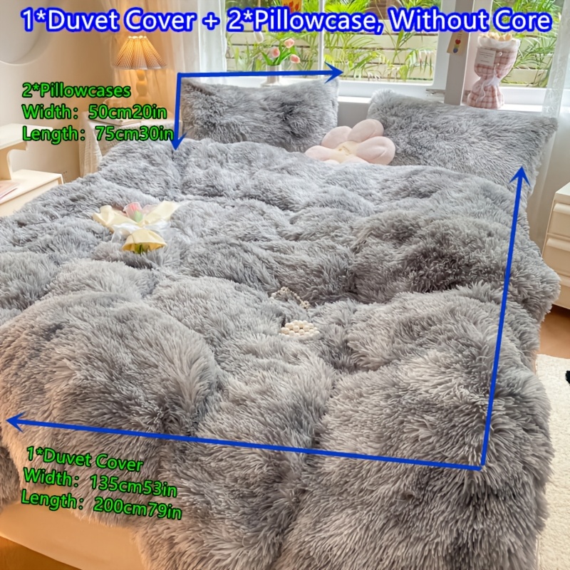 E-shop 3-teiliges Gentleman-Grau langer Plüsch-Bettbezug-Set, Winter-Schlafzimmer-Heim-Einfarbiges warmes Kombi-Set (1 Bettbezug + 2 Kissenbezüge)