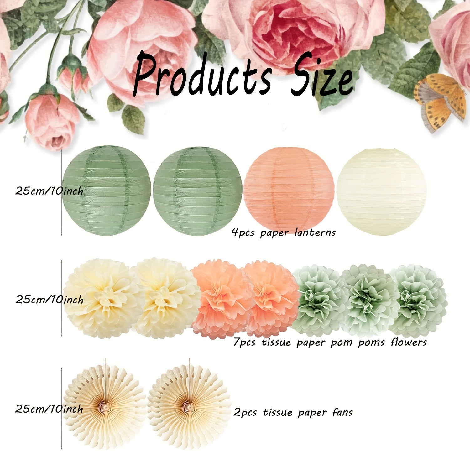 Image of Sage Green Peach Cream Party Decorations Set, 13pcs Paper Lanterns, Tissue Pom Poms Flowers & Paper Fans, Ideal For Graduation, Birthday, Bridal Shower, Wedding & Engagement Party Decor