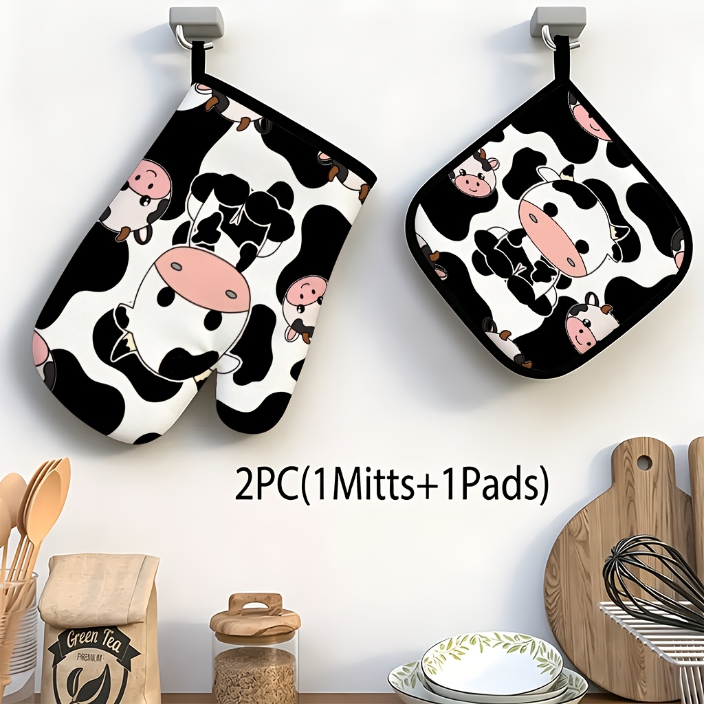 TEMU 2pcs Set Black And Print Oven Mitts And Pot Holders, Premium Kitchenware For Cooking, Baking, And Home Use, , Fine Texture, Simple And