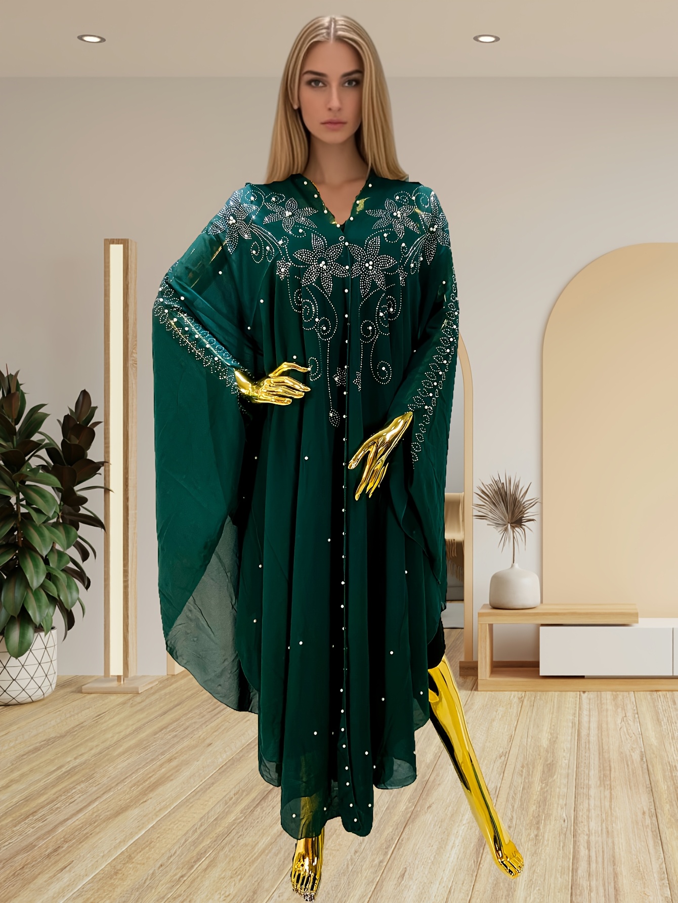 Elegant *-Embellished Abaya Dress with Flared Batwing Sleeves - Lightweight  Semi-Sheer Loose Fit Long Dress, Side Slit & Beaded Details for Beach,  Casual, or Formal Wear - Middle Eastern-Inspired ...